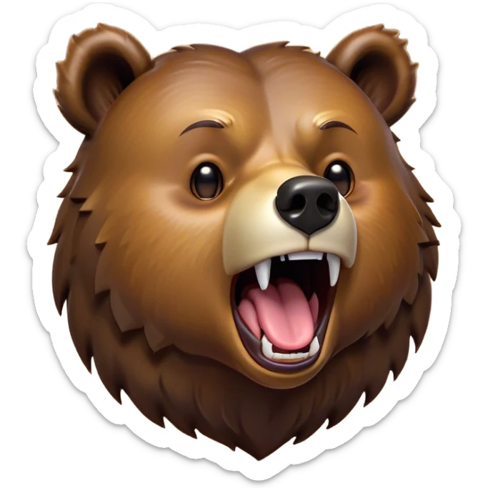 Cinematic Cute Yawning Grizzly Bear Portrait Emoji, Head tilted slightly with a dramatic, wide-open yawn, showcasing a thick, rugged deep brown fur with drooping ears, round eyes barely open in drowsy contentment, Simplified yet irresistibly adorable features, highly detailed, glowing with a soft, cozy glow, high shine, relaxed yet expressive, stylized with a touch of wild whimsy, bright and endearing, soft glowing outline, capturing the essence of a sleepy yet affectionate grizzly, so drowsy it feels like it could stretch out of the screen and curl up for a nap! sticker