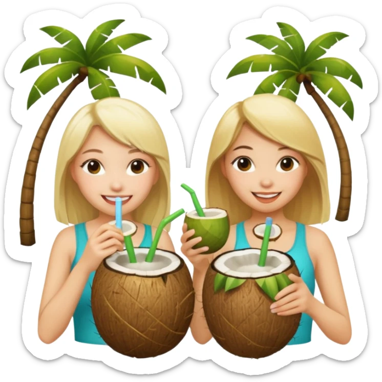 Two girls drinking out of a coconut one Asian one blonde  sticker