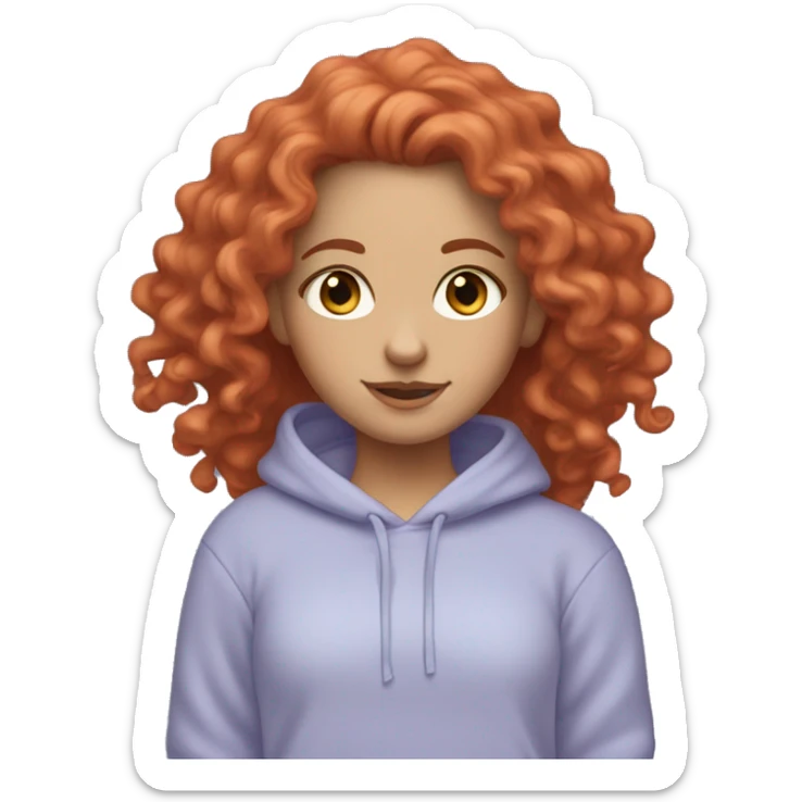 white girl with long red curly hair, wearing a pastel periwinkle hoodie doing a pose sticker