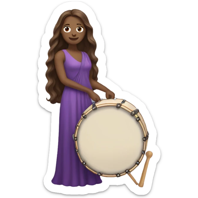 White woman standing with long flowing purple dress and long wavy brown hair holding a small handheld frame drum and a drum beater sticker