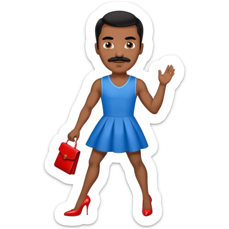 Man in a blue dress and red high heels with black hair and black mustache and brown skin sticker