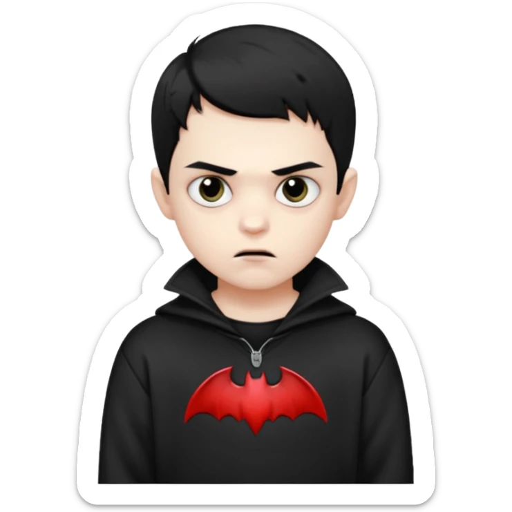 Vampire boy with the short black hair, pale-white skin, black eyes, little fangs and dark circles under his eyes. He has serious face and he wear a black oversize sweatshot sticker