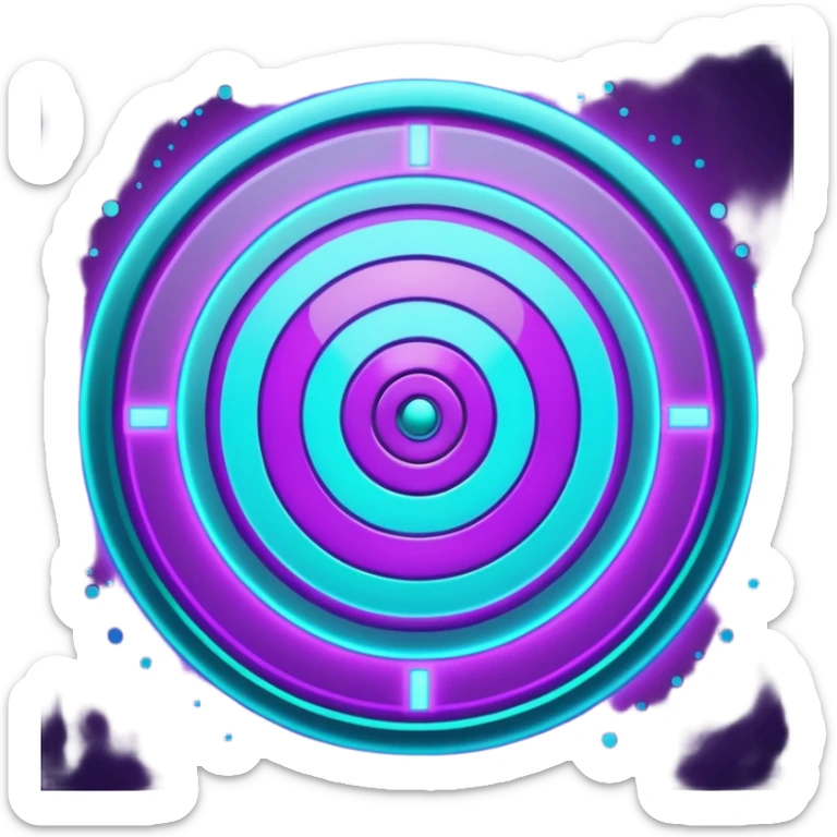 Futuristic glowing bullseye target emoji, neon purple and cyan holographic glow, dark background, digital tech style, abstract sparkles, no face. sticker