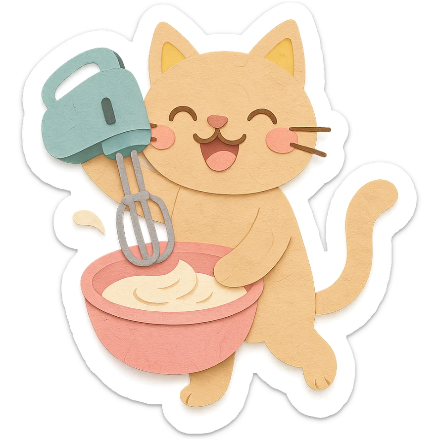 cute electric whisk cat spinning cream joyfully, pastel tones, full-body sticker