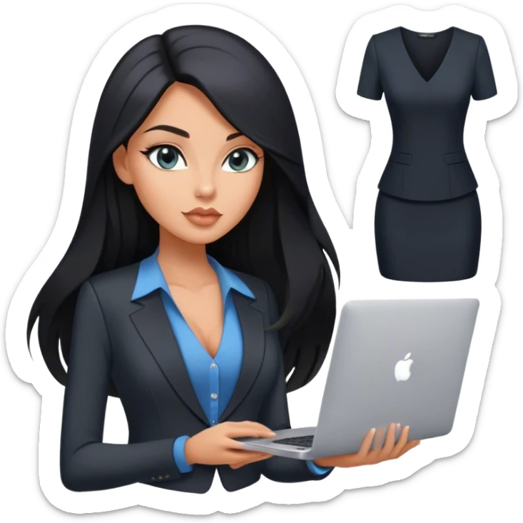 Glamours tanned very beautiful girl with pump peach nude lips and black straight smooth long hair, blue-grey eyes in beautiful v-neck black vest from the suit (short sleeves) with MacBook sticker