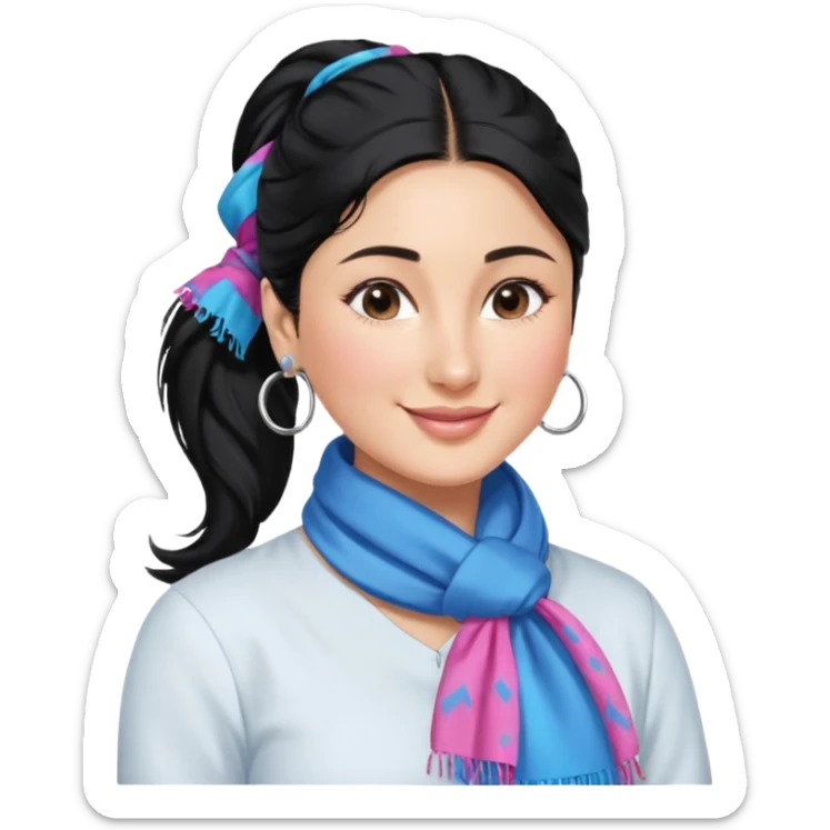 generate a pretty bratz emoji that looks like Kareena Kapoor's Geet character. 
Make her wear a white shirt with a colorful blue-pink scarf wrapped around her neck. smiling big. Black hair tied into a side part ponytail, silver hoops and no necklace

She should look exactly  like Kareena Kapoor sticker