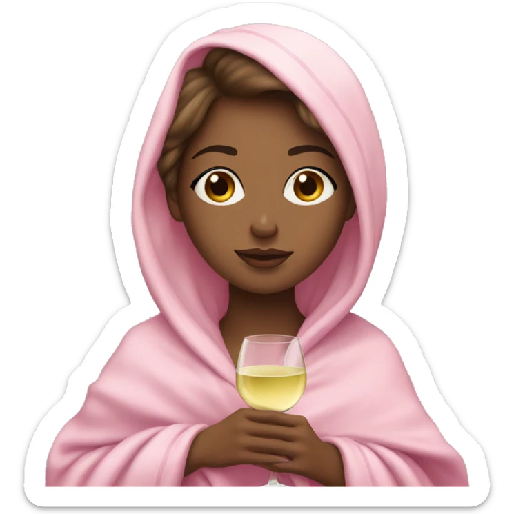 a girl with light skin and brunette hair and a glass of white wine wrapped in a pink blanket sticker