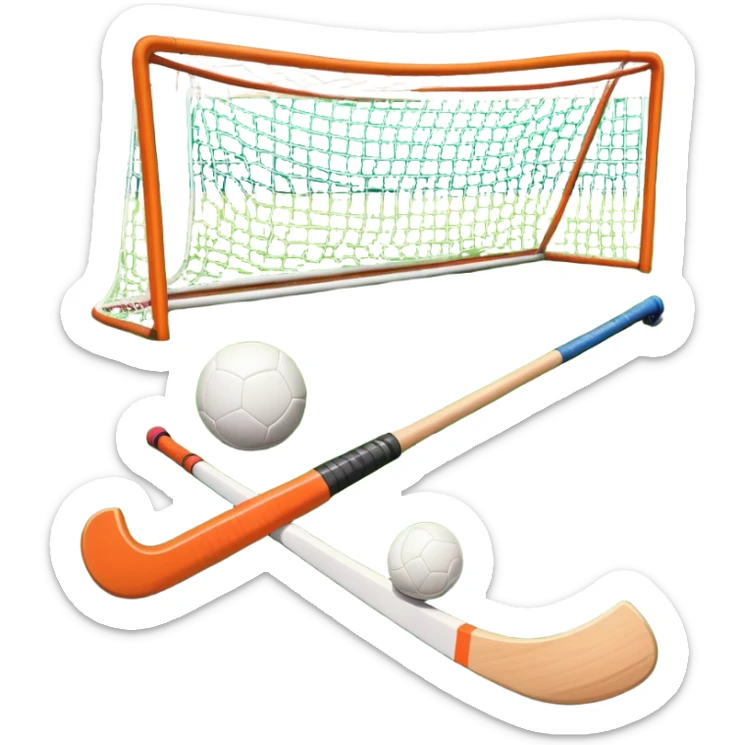 Hockey on grass. A field hockey stick and ball resting on a well-maintained grass field, with the goalposts and markings visible in the background. The scene highlights the precision and focus of the sport, with the vibrant green pitch creating a dynamic atmosphere. sticker