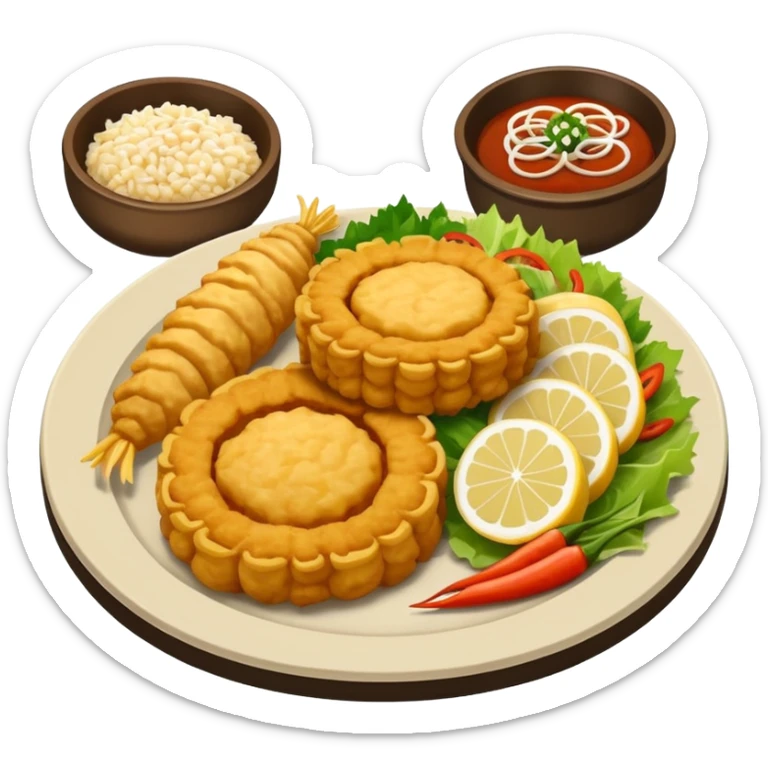 Plato redondo con filete de cerdo empanizado estilo tempura, dorado y crujiente, cortado en piezas grandes, acompañado de arroz blanco y ensalada fresca con vegetales sticker