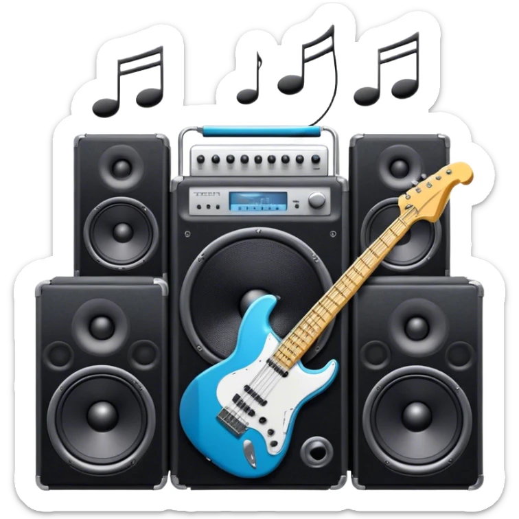 Icon for R&B Music Listening: large concert speakers and headphones with waves of musical notes coming out, along with an electric guitar, bass guitar, drum kit, and synthesizer, saxophone. The icon should convey the energetic and rhythmic vibe of R&B music. Transparent background. sticker