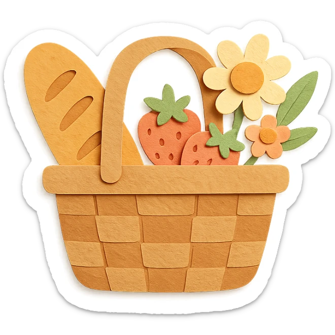 picnic basket with berries, bread, and flowers in warm pastel shades, paper-craft style sticker