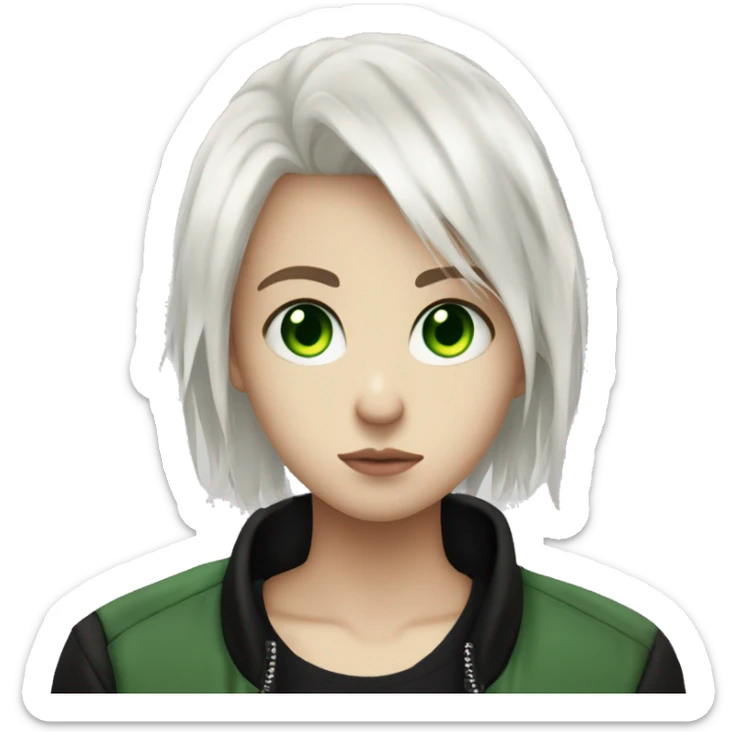 very exhausting emo teen with chin-length white hair and very very light skin with green eyes looking so weary wearing in black guess bomber and white shirt sticker