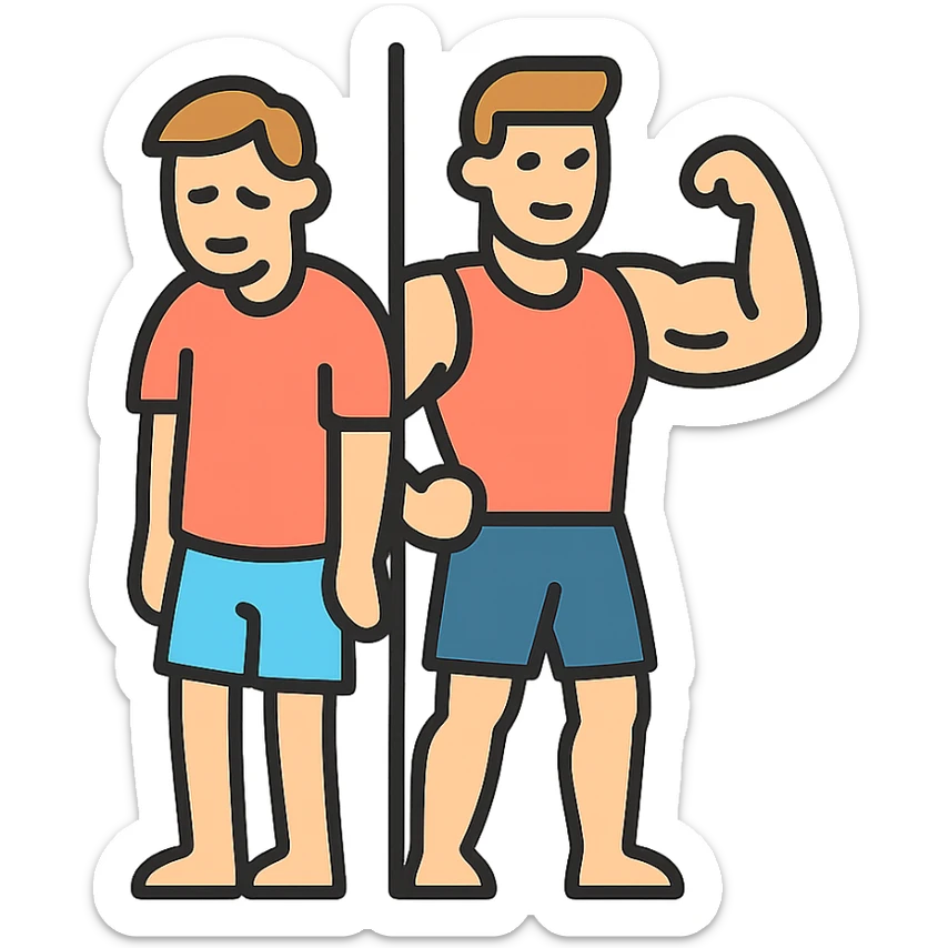 in the picture is devided in to two parts, at the first the sportsman is weak and lazy, but at the second picture the same sportsman is very strong because he doing a workout regularly sticker