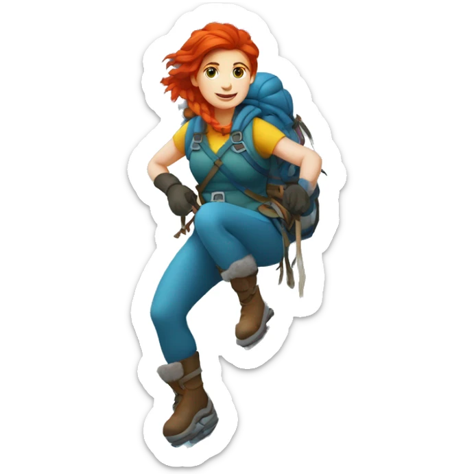 red hair female winter mountaineer climbing with Easter eggsbasket and Greek flag sticker