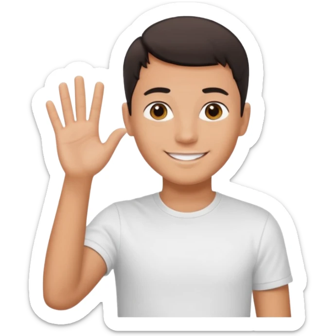 joven bronceado pelo oscuro muy cortito polera blanca sonrisa bonita saludando mano arriba sticker