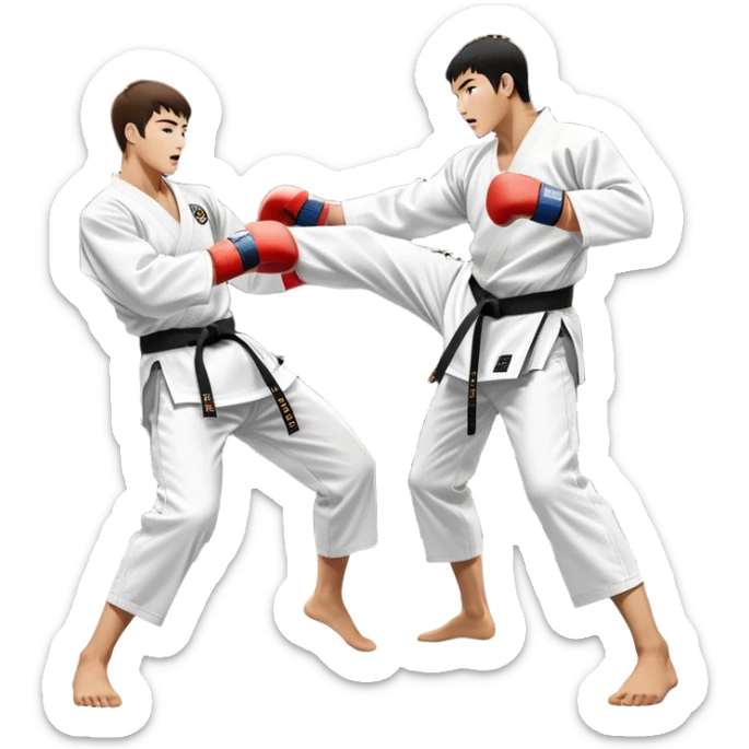Two taekwondo fighters in traditional white doboks with black belts. One delivers a powerful kick, while the other defends by blocking with his knee. The background shows a professional arena with bright lights and an excited crowd. Transparent background highlights the intense action sticker