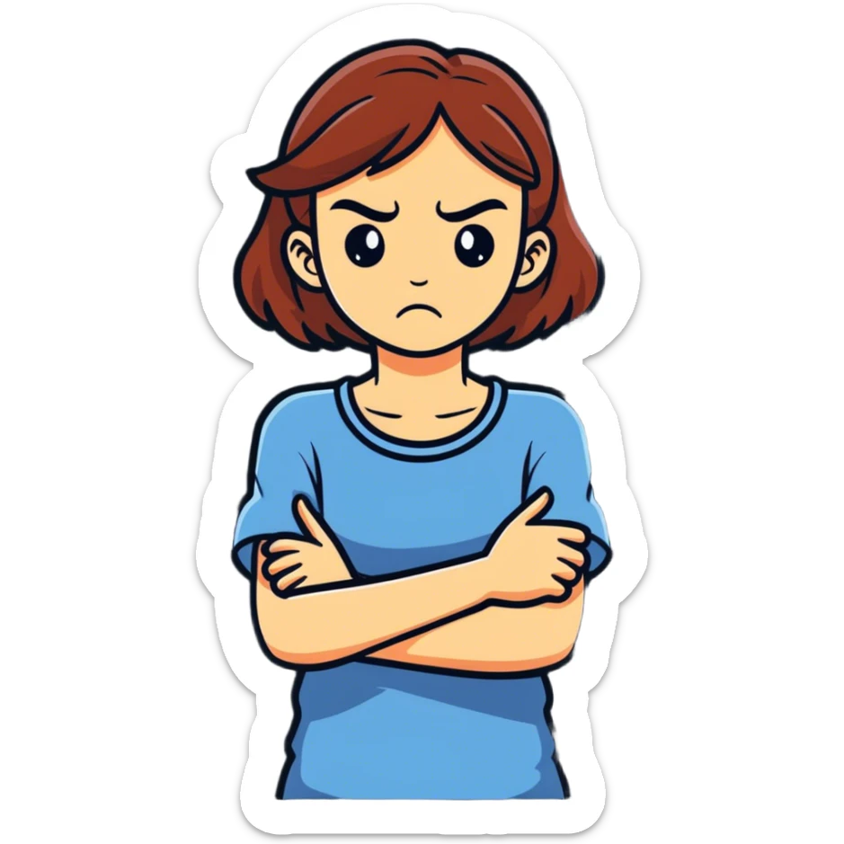 Girl with arms crossed holding her neck with a nervous angry look sticker