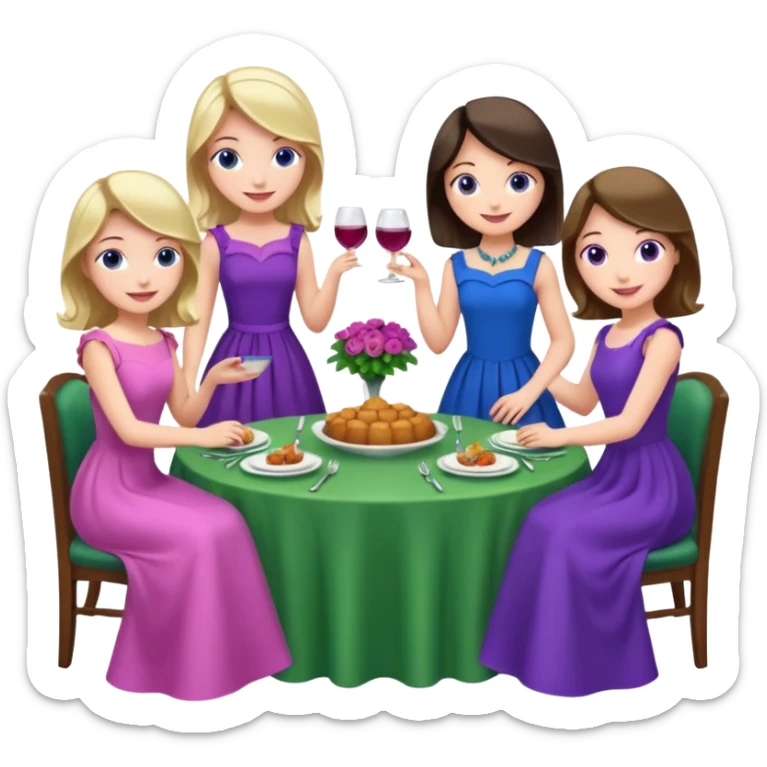 people sitting at a table at a fancy dinner emoji 4 girls one in a blue dress one is a green dress one in a purple dress and one in a pink dress no wine sticker