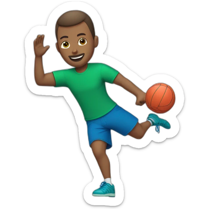 man playing handball, brown skin, with buzz haircut, skinny, bluegreen tshirt sticker