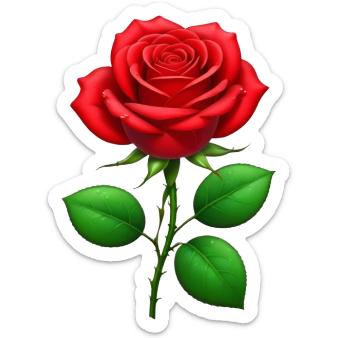 Cinematic Realistic Rose Emoji, Elegant and full of grace, with velvety, deep red petals unfurling in a perfect bloom, dew drops glistening on the soft edges, and a faint fragrance hanging in the air. The lush green leaves surround the stem, creating a vibrant contrast to the rich color of the petals. Soft glowing outline, capturing the essence of timeless beauty and romance in a single bloom. sticker