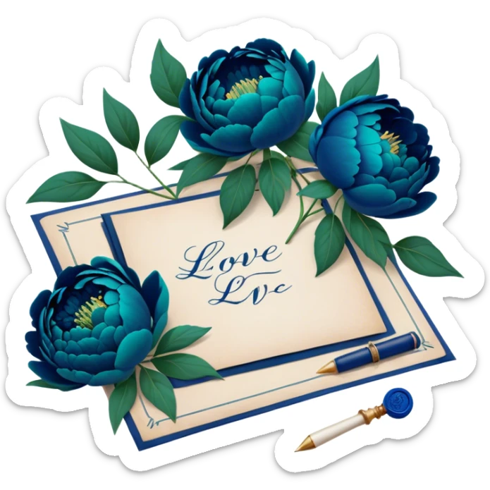 A charming arrangement of deep green peonies placed beside an old blue love letter with an intricate navy blue wax seal. sticker