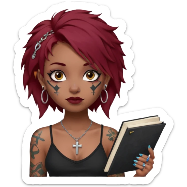 generate an ios genmoji of a girl with dark red messy hair with eyeliner on her eyes.  septum piercing, wearing a cami black top, has tattoos, on shoulders. ear piercings. wearing a cross silver necklace. Holding an overfilled sketchbook. dusky skin color. Holding redbull in the other hand sticker