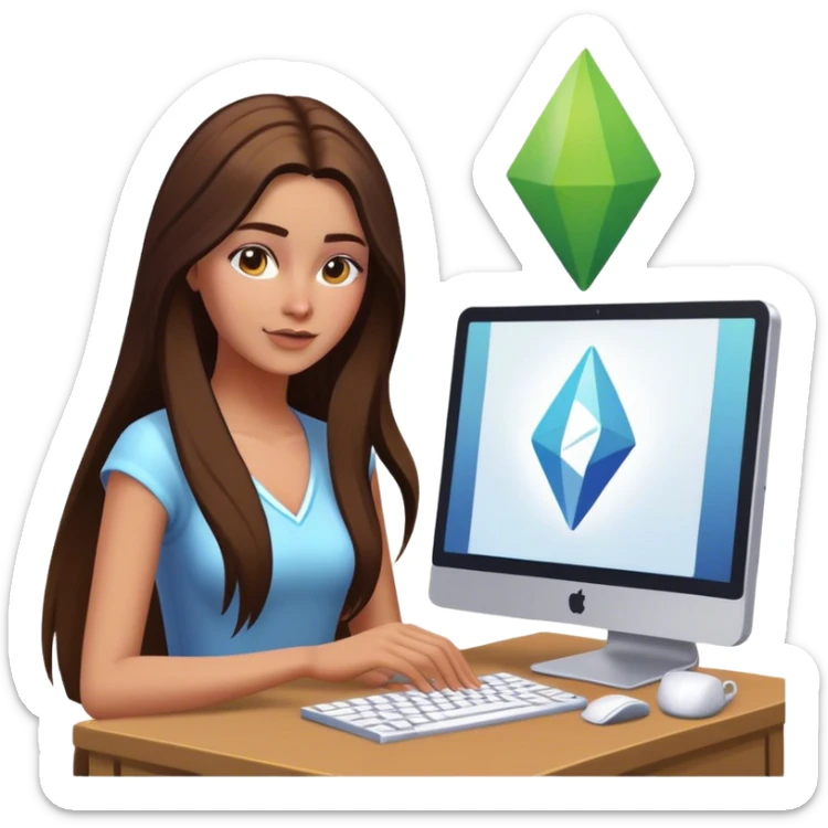 beautiful pale brunette girl with long hair playing the sims4 on computer  sticker