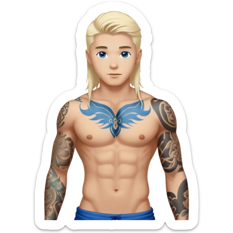 Handsome shirtless blonde hair and blue eyes white guy with body tattoos; beautiful Asian woman with long black hair and body tattoos sexy pose sfw sticker