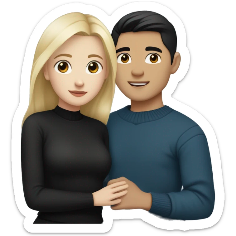 Blonde girl with blue eyes in black sweater and an east asian with light skin man with black hair and black eyes hugging sticker