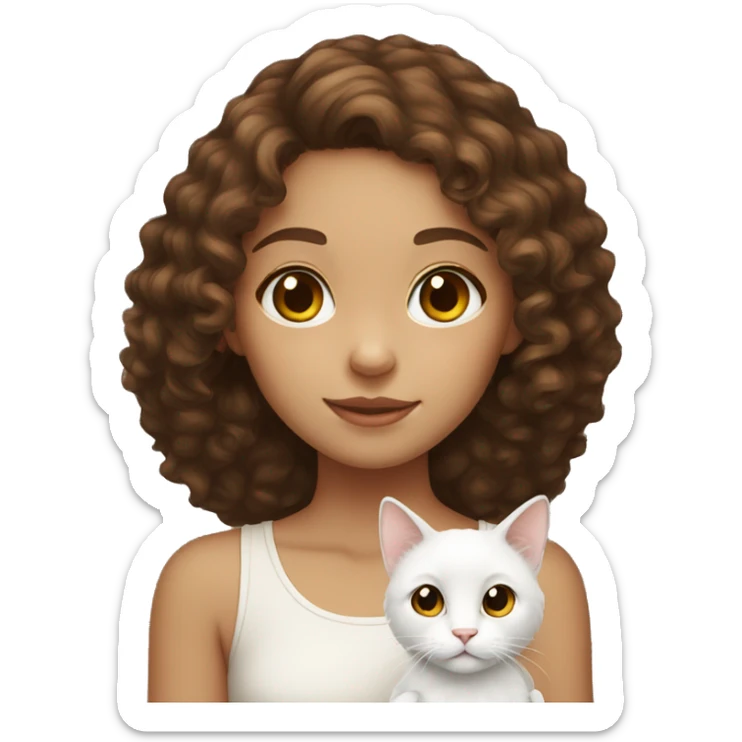Girl with brown curly hair and brown eyes holding a white cat sticker