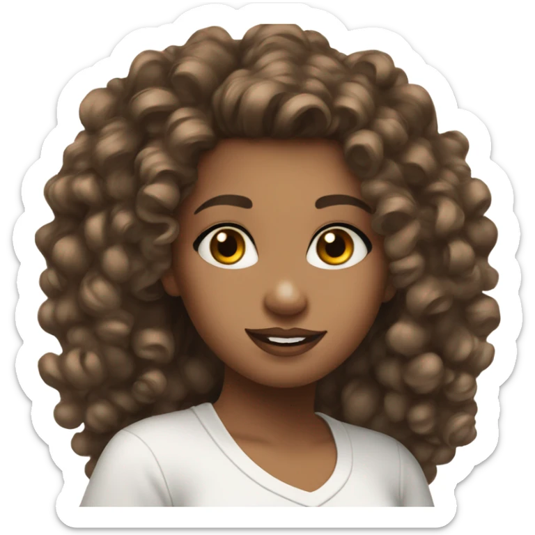 pretty girl with brown curly hair up to her shoulders wearing a white makeup T-shirt sticker