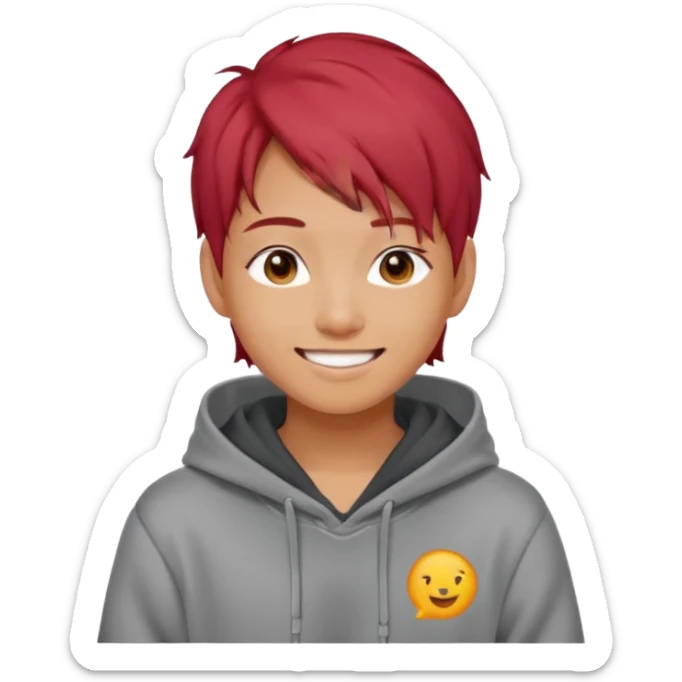 Asian young adult in a hoodie with red hair care free persona sticker