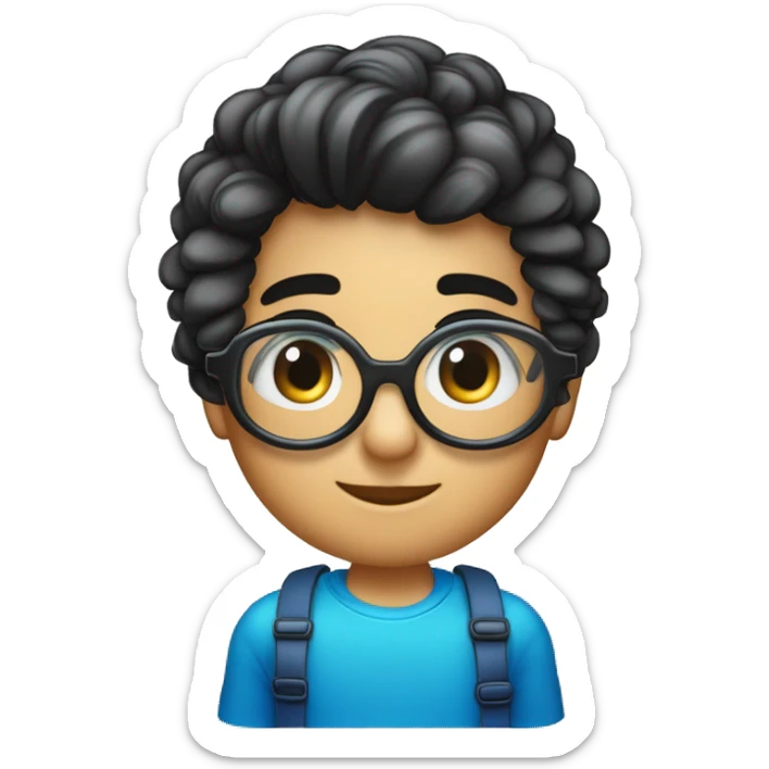 Niño 6 años pelo degradado en los lados, con flequillo recto y por detrás pelo largo negro,. Piel con tono normal, es español. Gafas Y2K (de tecno) grandes con los cristales azules. sticker