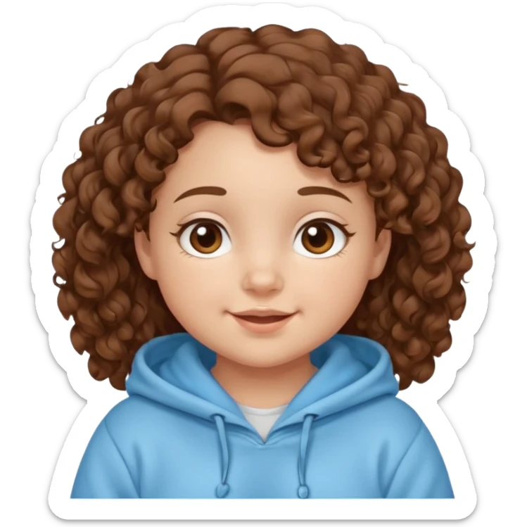 A girl with brown curly hair and chubby cheeks brown eyes and a happy face she has a baby blue hoddie sticker