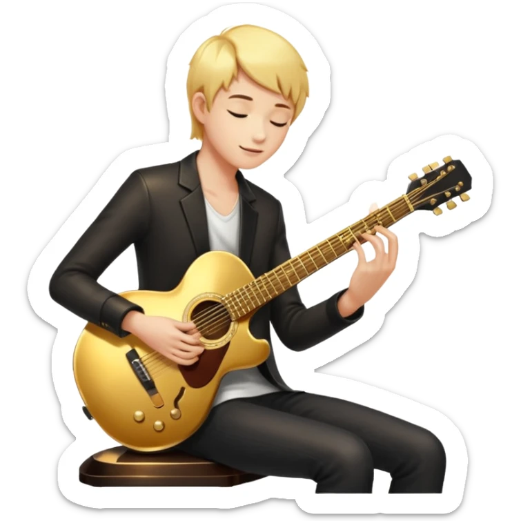 cinematic-realistic-guitar,-polished-metal,-warm-golden-reflections-dancing-along-its-surface,-soft-hands-carefully-positioned-over-the-keys,-glowing-with-an-elegant-and-airy-charm. sticker
