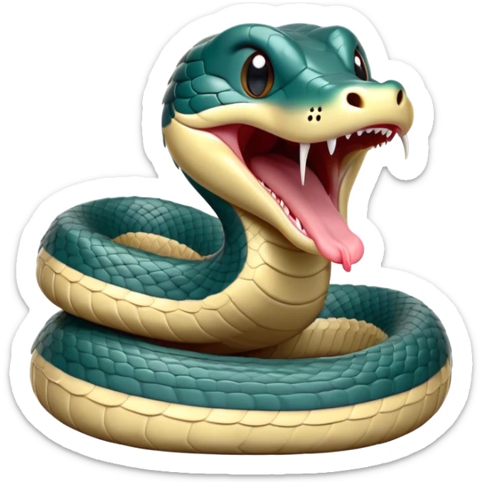 Cinematic Cute Yawning Chinese Water Snake Portrait Emoji, Head tilted slightly with a dramatic, wide-open yawn, showcasing a soft, glossy scaled body with gently drooping edges and half-closed, drowsy eyes, Simplified yet irresistibly adorable features, highly detailed, glowing with a soft, cozy aquatic glow, high shine, relaxed yet expressive, stylized with a dash of waterborn charm, soft glowing outline, capturing the essence of a sleepy yet affectionate water snake that seems ready to stretch out and rest in its watery domain! sticker