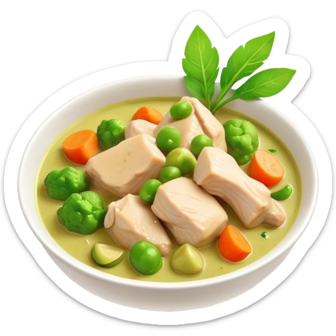 Green Chicken Curry Cinematic Realistic Green Chicken Curry Dish Emoji, depicted as tender chicken chunks simmered in a fragrant green curry sauce with vegetables, rendered with vivid textures and dynamic, vibrant lighting. sticker