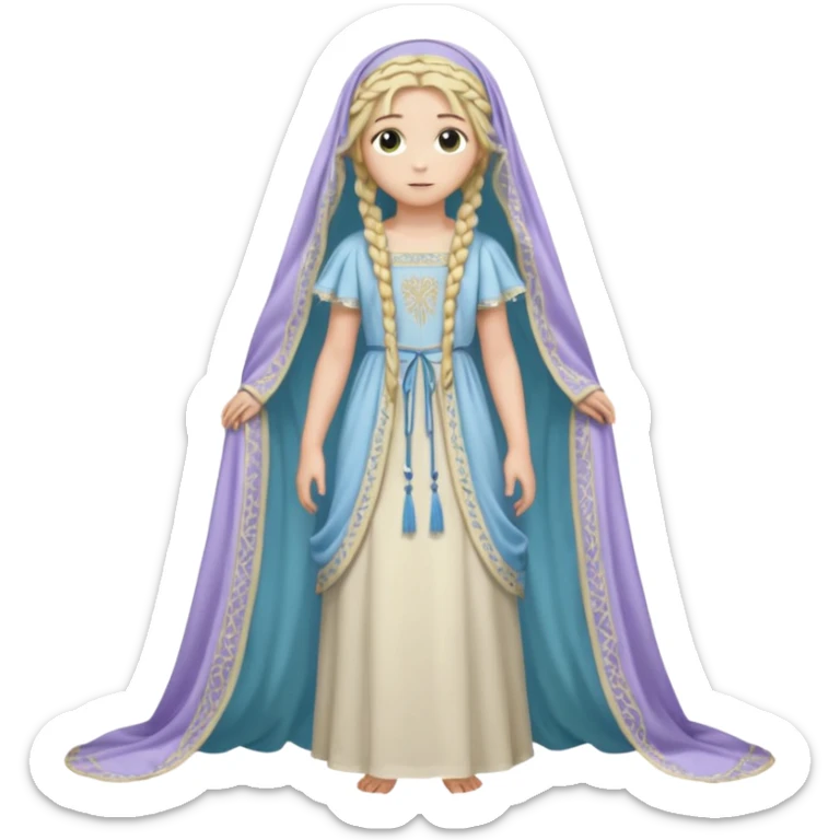 Joven de unos 20 años, de aspecto dulce y elegante.
Piel clara, ojos (pueden ser azules o verdes)
Rubio o castaño claro, largo, con trenzas o velo.
Vestido largo de tonos suaves (blanco, azul o lavanda), con bordados dorados; un manto o toca fina cubriendo la cabeza. Todo el cuerpo sticker