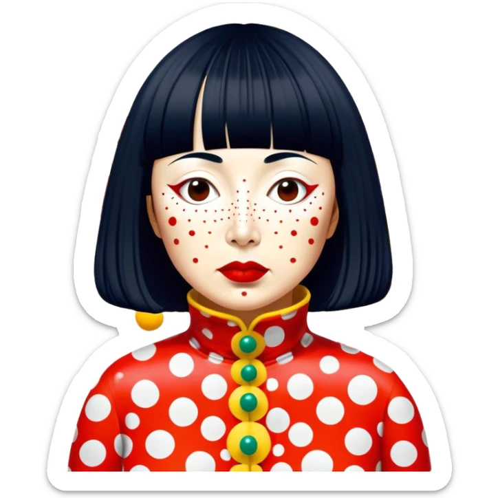 Yayoi Kusama – Cinematic Realistic Portrait of Yayoi Kusama, depicted as an avant-garde artist with an eccentric, captivating expression surrounded by her iconic polka dot patterns, rendered with vivid textures and imaginative lighting that evokes her unique, surreal creative world. sticker