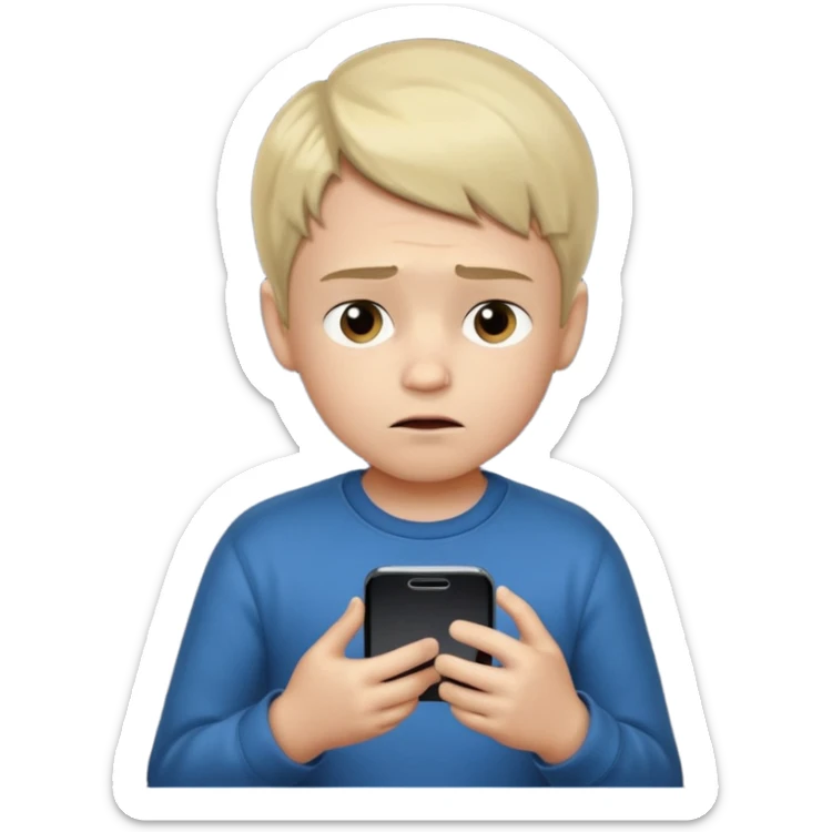 un niño de entre 3 - 10 años jugando con su celular, cansado en una habitacion apagada, el niño tiene piel blanca

 sticker
