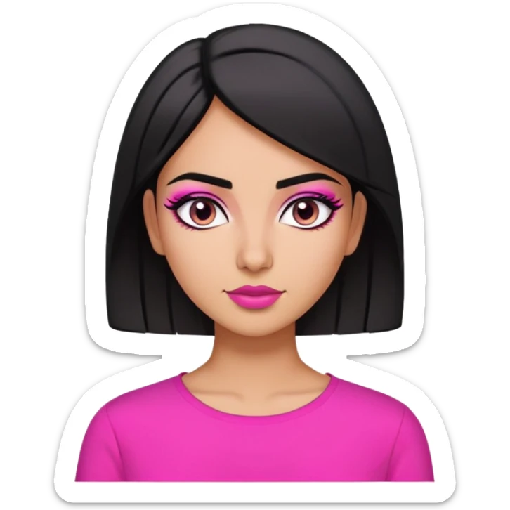 middle eastern girl with short black straight hair, bold eyeliner wearing a hot pink shirt sticker