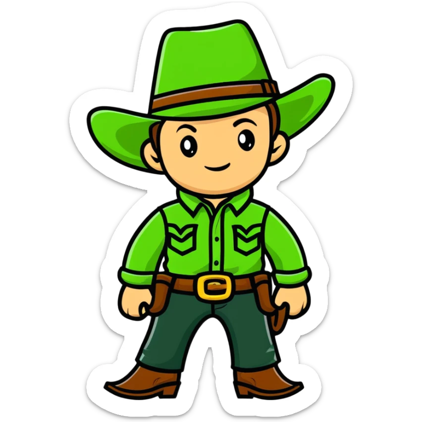 Cartoon cowboy with bright green outfit and matching green cowboy hat, western style sticker