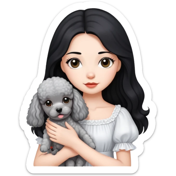 beautiful girl with long black hair in a white dress holding a small gray poodle sticker