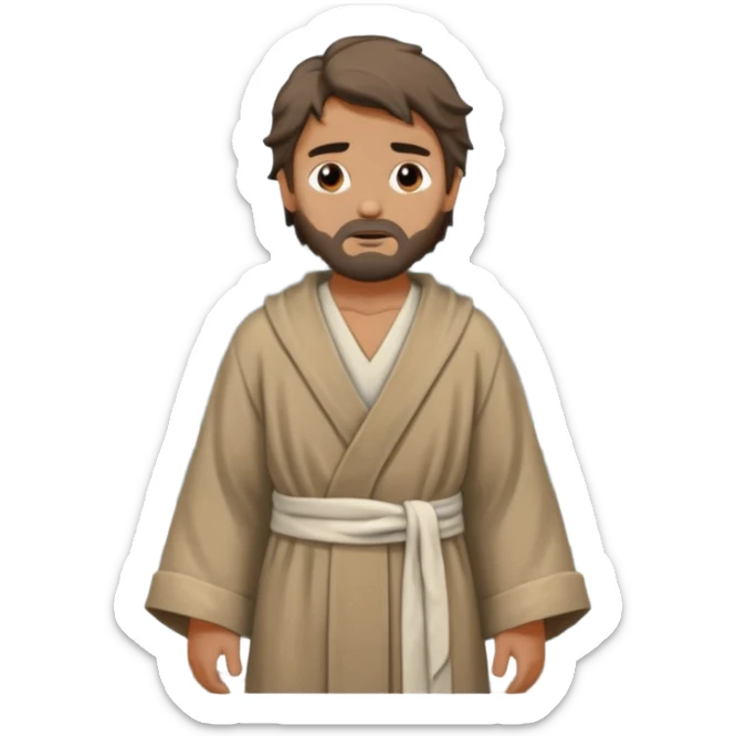 A biblical illustration of Jonah, a weary prophet with simple robes, standing on a stormy seashore. sticker