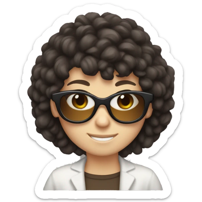 smiling white girl with shaggy dark brown hair and big dark glasses sticker