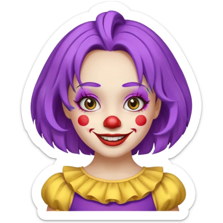 Clown girl with the human style. Has a purple wig, simple makeup, and a yellow dress sticker