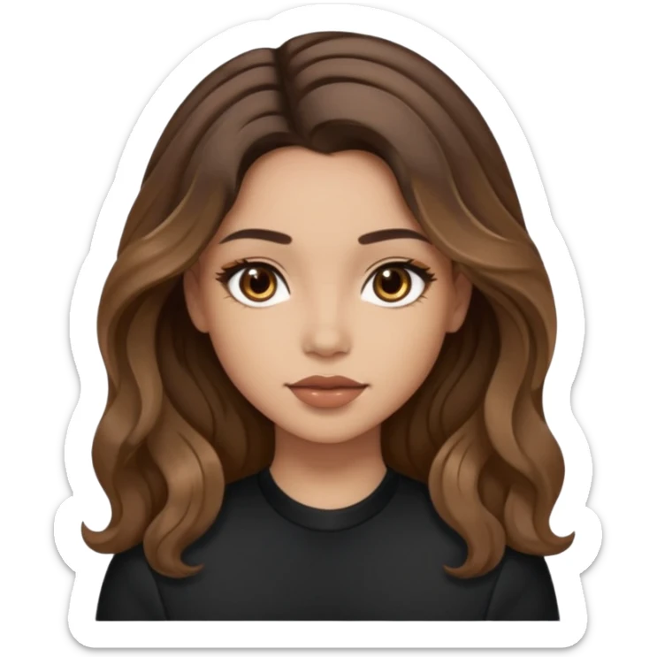 brown balayage hair long wawy (not to much curly/not afro), light skin tone, brown eyes, not too skinny, black outfit, beauty mark on  the left side of the face next to the lip

 sticker