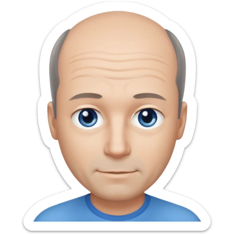 Middle aged man with black-greyish receding hairline, some hair on top, small blue eyes, clear face, shy smile sticker