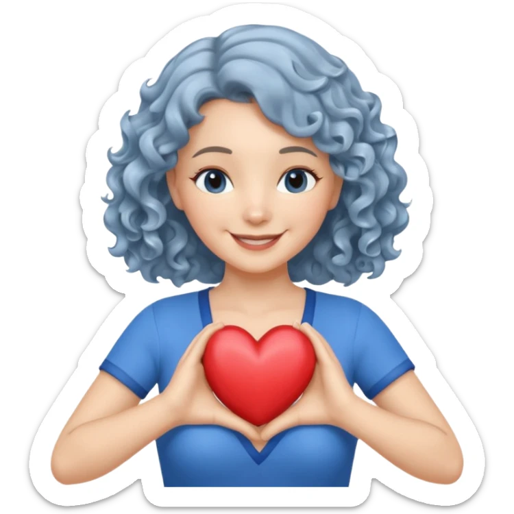 silver, wavy/curly hair chin-length lady giving hug with 2 arms, blue v-neck and smilingm add a heart sticker
