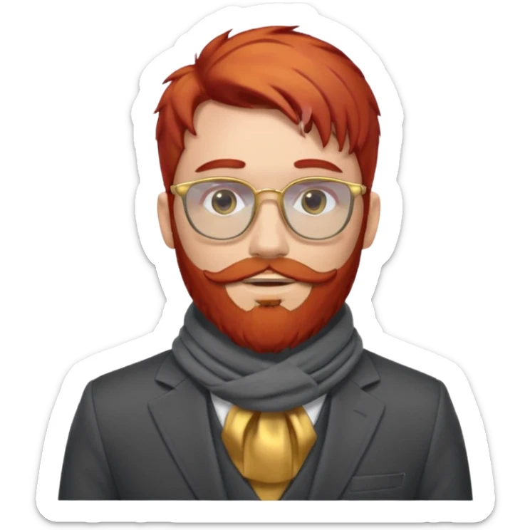 gray scarf, male,  beard, red hair, with suit, gold glasses sticker